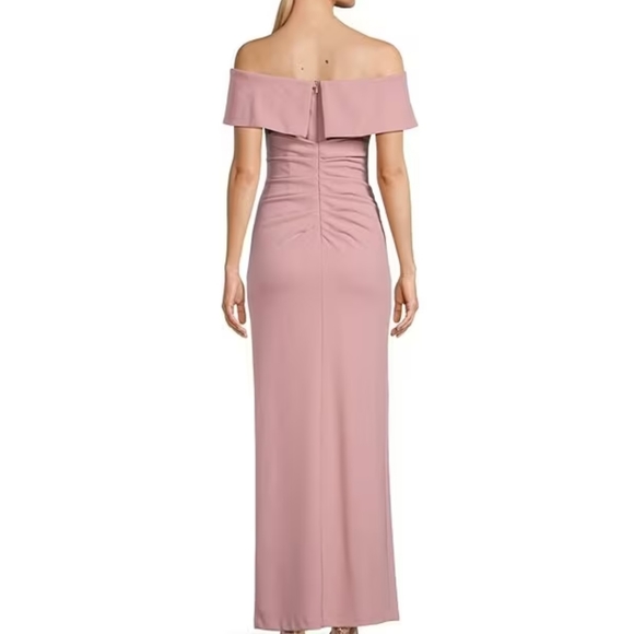 Xscape Off-the-Shoulder Ruched Ruched Waist Scuba Crepe Thigh High Slit … - Picture 2 of 11